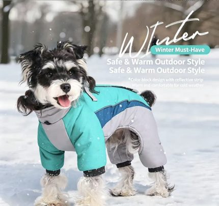 Waterproof Warm Dog Winter Jumpsuit, Color Block Reflective Four-Legged Pet Coat With Harness Hole For Small Dogs