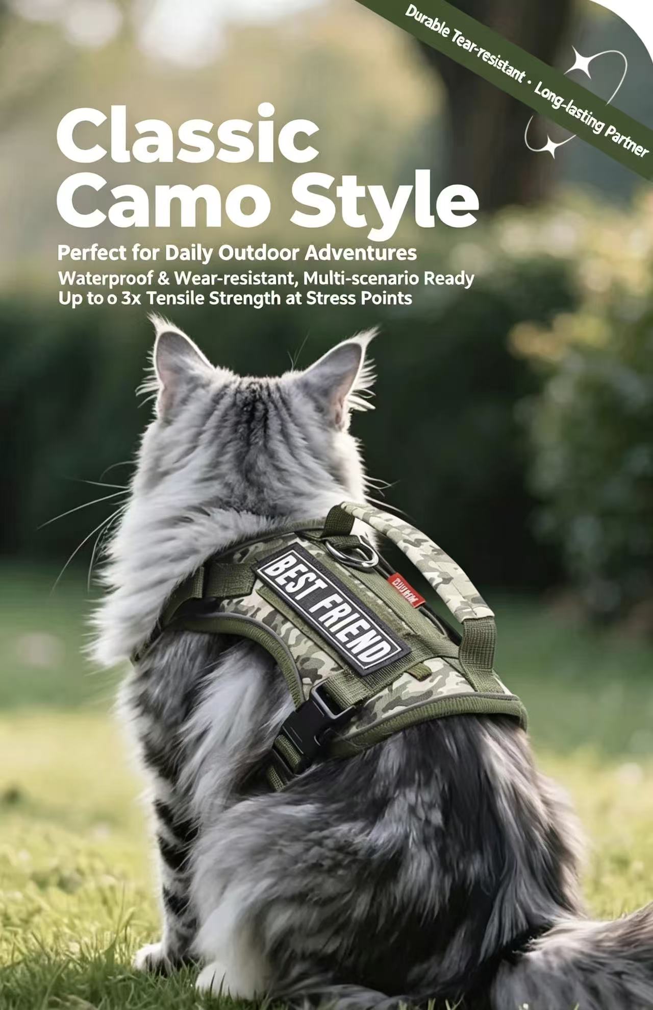932c3f2850aaa0b5ecc606d64eca2d49 Tactical Camo Cat Harness with Top Handle, Reflective Escape Proof Adjustable Large Cat Walking Vest with Patch Panel - Image 1