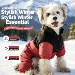 Graphene Lined Dog Four-Legged Puffer Jacket, Waterproof Windproof Color Block Winter Pet Coat With Harness Hook For Small Dogs